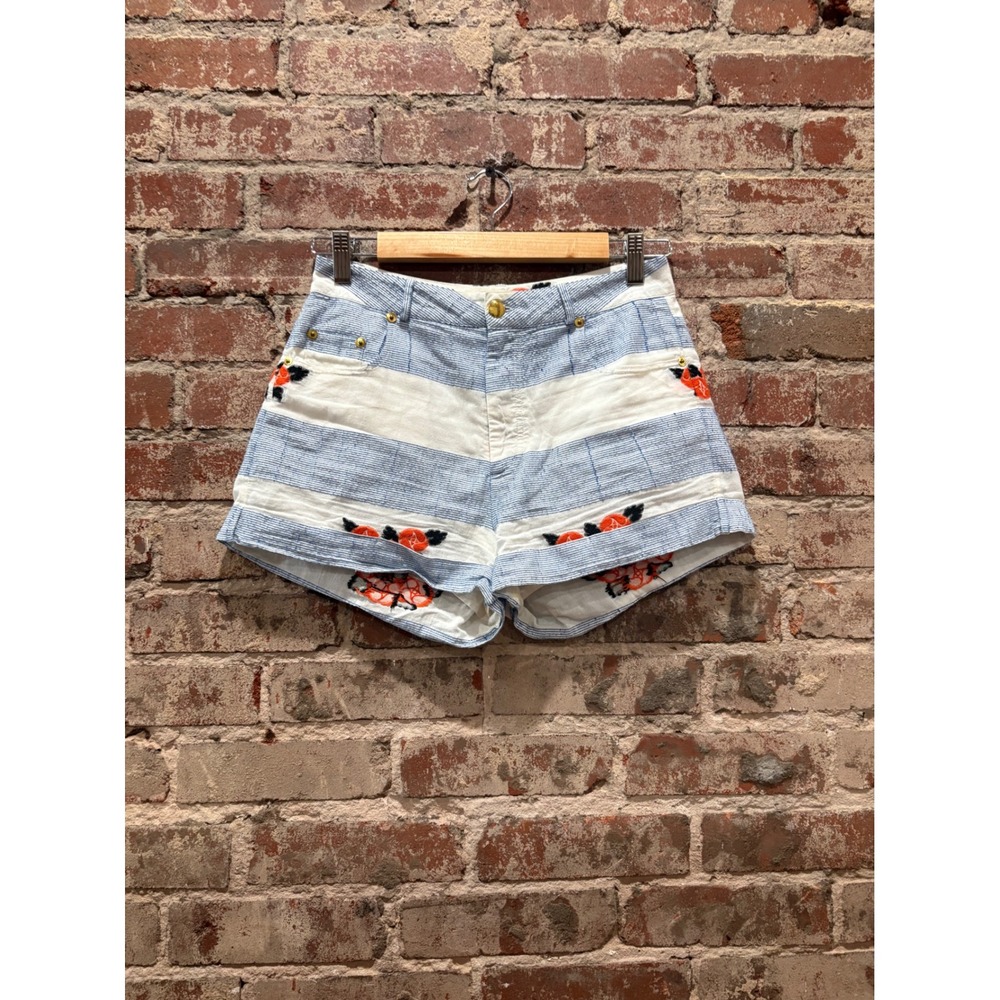 & Other Stories Paris Atelier Striped Floral Embroidered Shorts Blue White 25